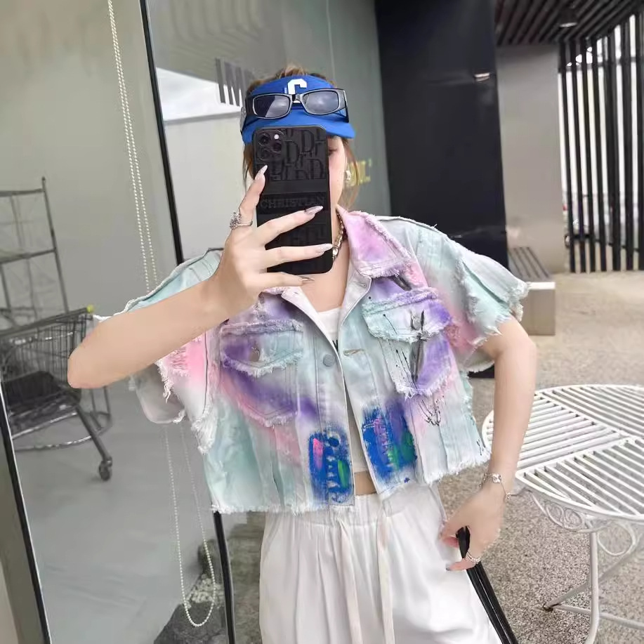 Marca de moda tailandesa 2024 otoño nuevo abrigo denim teñido de la industria pesada mujer graffiti sensación de diseño de abrigo de clip suelto image 1