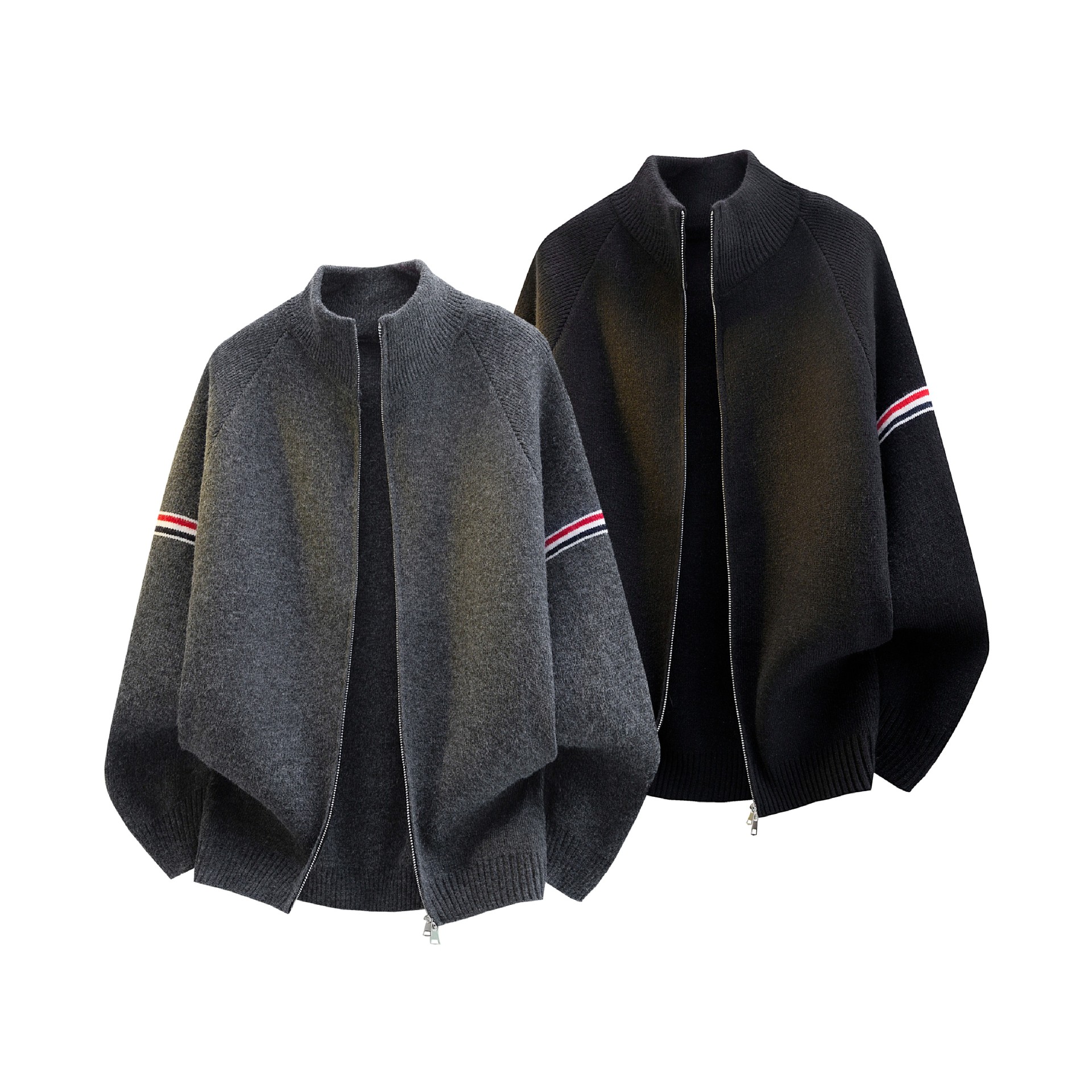 American color contrastante rayas de cuello cardigan suéter hombre y mujer otoño invierno retro sensación alta doble cremallera chaqueta de punto