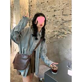 秋季新款条纹衬衫叠穿外套女复古小众宽松百搭显瘦学院风长袖衬衣