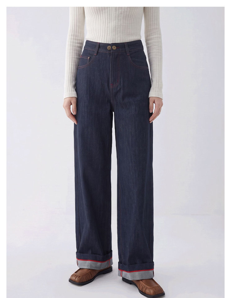 Quần jean ống rộng nữ lưng cao dáng suông dài phong cách thoải mái — Sâu denim xanh chi tiết 9