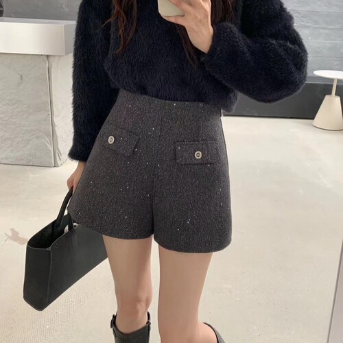 Women's Winter New Glitter A-line Wide Leg Boot Pants High-Waisted Pocket Design Casual Stylish Shorts