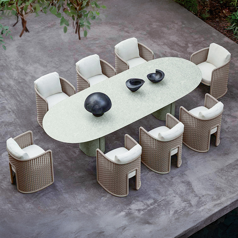 Mesa y silla al aire libre Villa patio al aire libre alojamiento residencial impermeable y protector solar mesa larga al aire libre jardín terraza combinación de silla de caña ocio