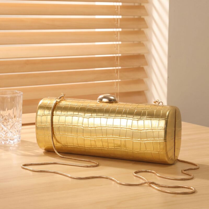Gold Crocodile-Patterned Evening Bag, European and American Style Cylindrical Clutch Bag, Bride's Wedding Bridesmaid Dress Bag, Versatile Gold Crocodile-Patterned Evening Bag, European and American Style Cylindrical Clutch Bag, Bride's Wedding Bridesmaid Dress Bag, Versatile