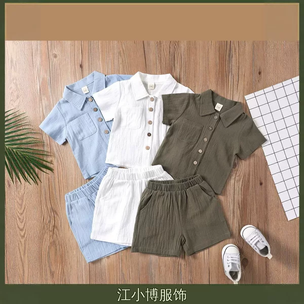 Export Quality Boys' Cotton and Linen Polo Set, Spring and Summer Short-Sleeved Solid Color Lapel Children's Two-Piece Set