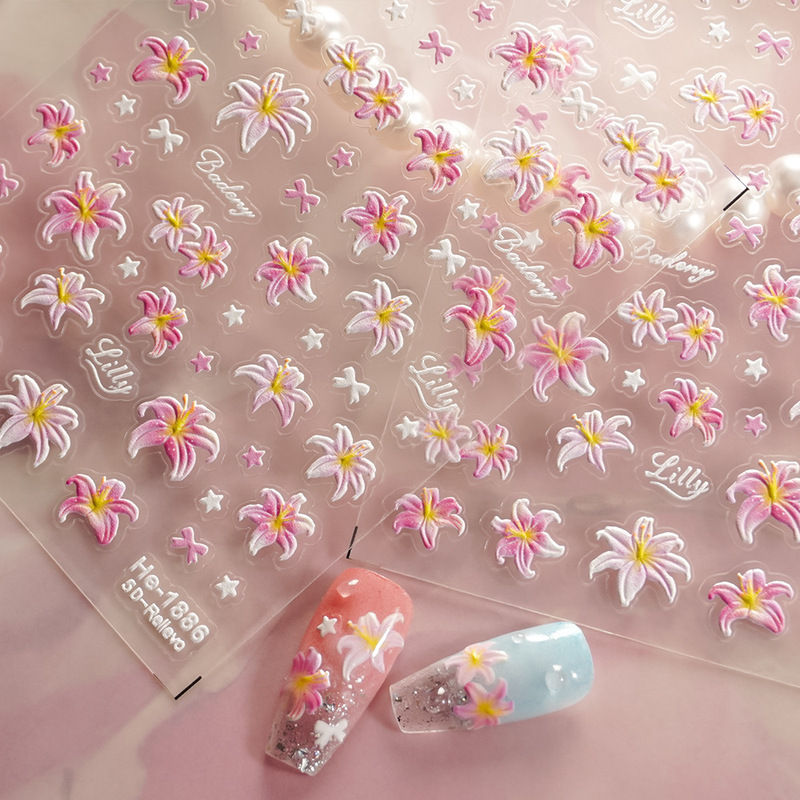 Redanco5D Embossed Ins Popular Cartoon Nail Stickers with Silver Foil Lily Flowers 3D Nail Stickers He1886