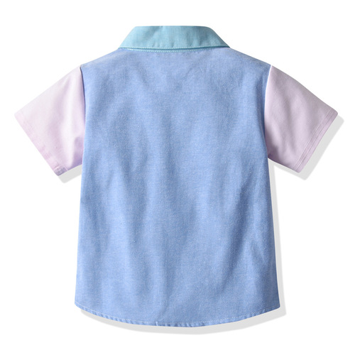 夏款儿童短袖棉衬衫 男童蓝粉拼色短袖翻领开衫中小童衬衫