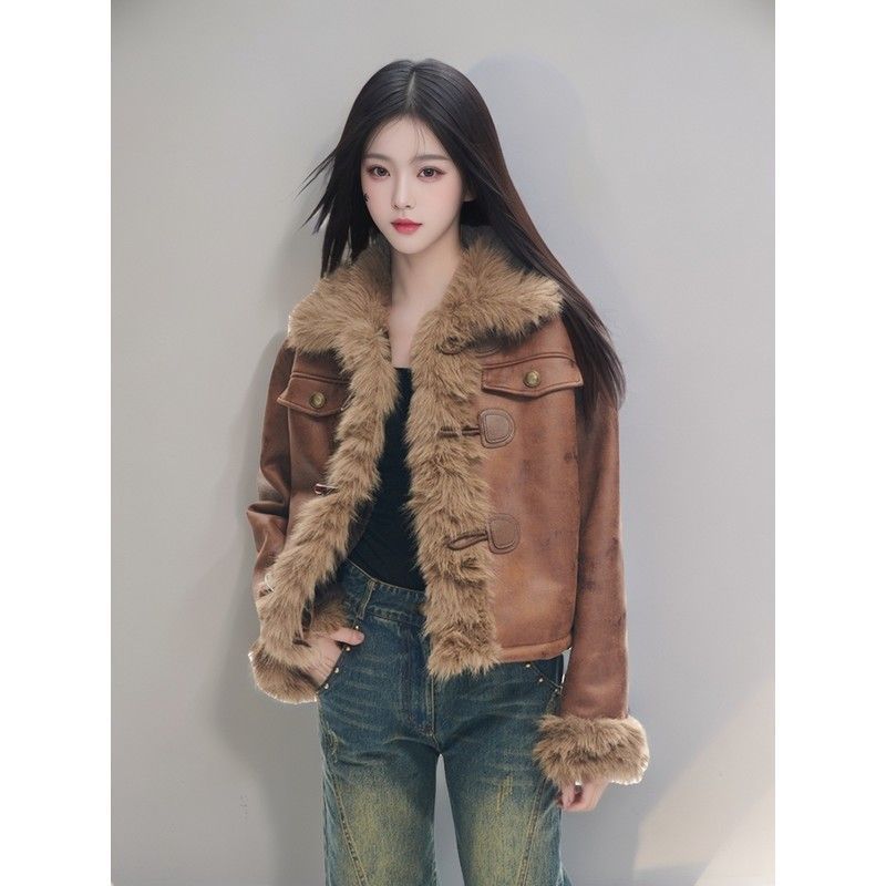Suede Jacket Women's Short Petite Winter Splicing Plush 2024 New Fur Integrated Motorcycle Jacket Leather Jacket