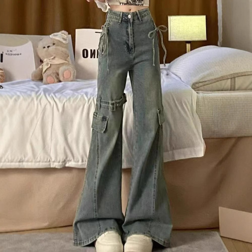 Vintage American-style wide-leg jeans for women, suitable for spring and autumn, niche low-rise stretch slimming mule work pants