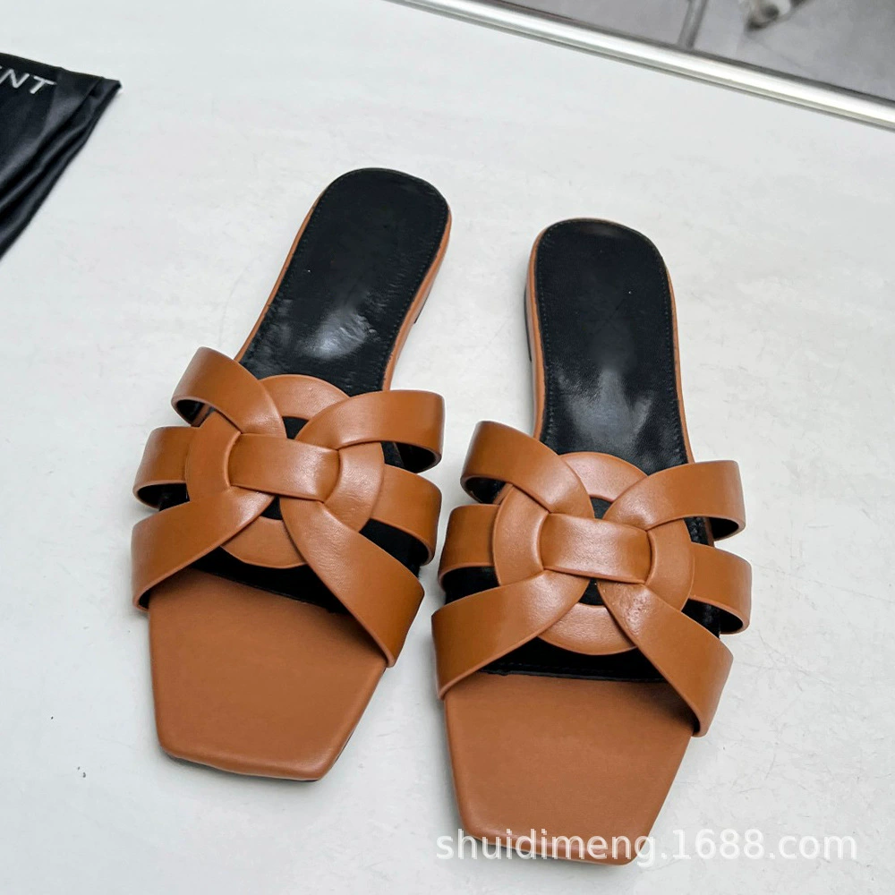 [Slippers Slides плоские женские шлепанцы Ys с низким каблуком первая кожа классическая однотонная женские]