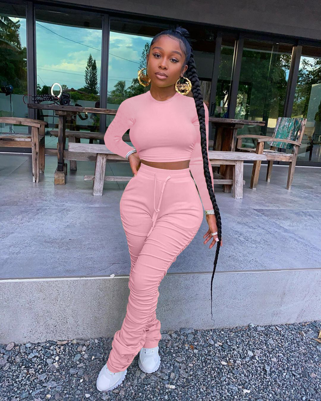 Amazon transfronterizo Comercio exterior nueva ropa de mujer europeo y americano nuevo cuello redondo manga larga Top Slim pantalones conjunto de dos piezas de color sólido image 2