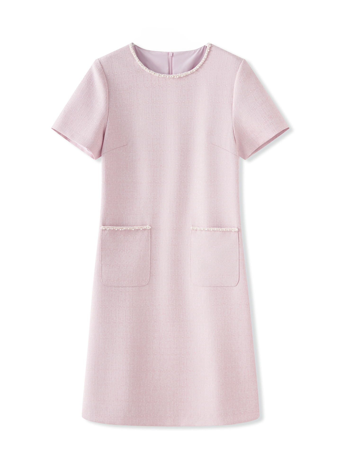 Váy liền nữ kiểu Pháp cổ tròn tay ngắn dệt jacquard ôm nhẹ — Màu be