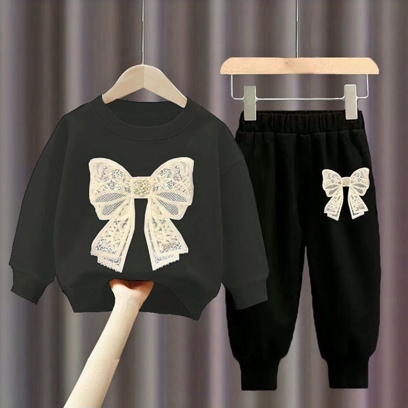 레이스 매듭 카본 그레이 스웨트셔츠 + 레이스 매듭 블랙 팬츠