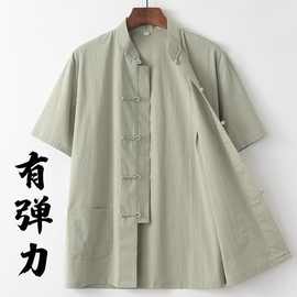 夏季轻薄中国风唐装男青年休闲棉麻弹力短袖盘扣中式衬衣衬衫茶服
