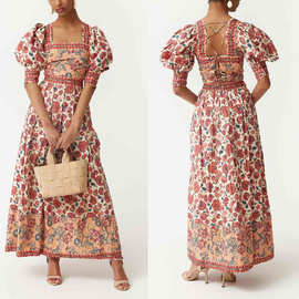 外贸独立站亚马逊2025新款欧美休闲印花上衣方领半身裙两件套装