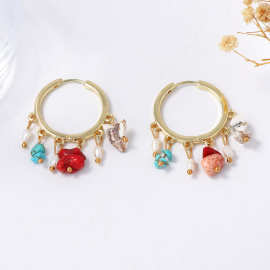 欧美时尚气质松石流苏耳环圆形铜圈碎石手工耳坠波西米亚复古耳饰