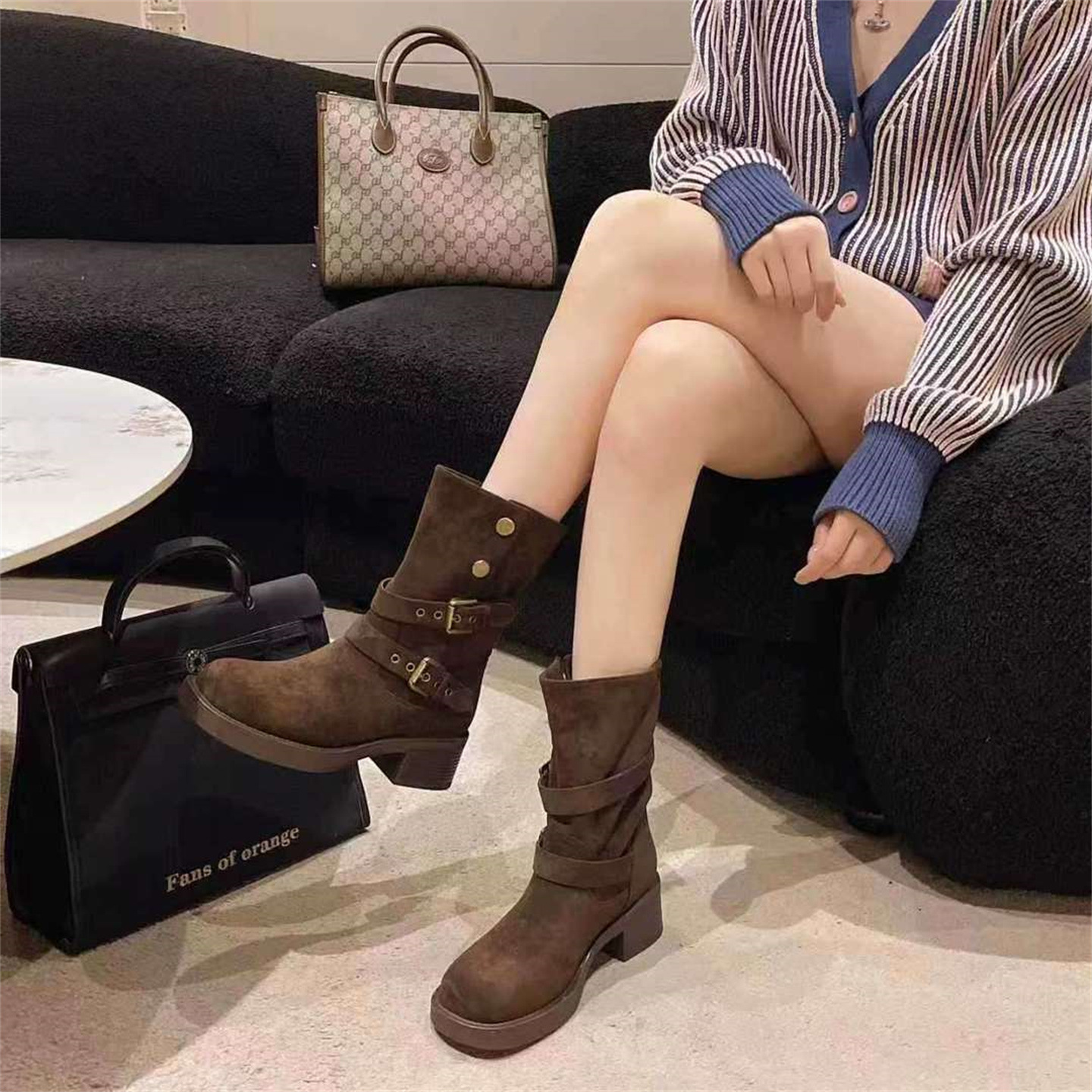 Martin Boots for Women 2025 Autumn and Winter New Square Toe Thick Heel Short Boots Slimming Maillard Retro Internet Celebrity Popular Style Slouch Boots