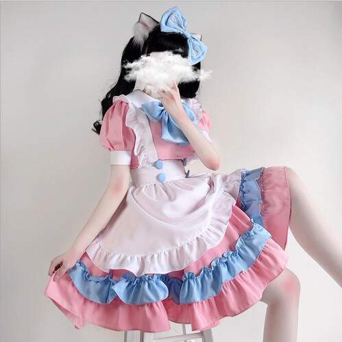 S-4XL plus size maid outfit, super cute big bow Lolita dress, women's clothing boss pink and blue cute dress
