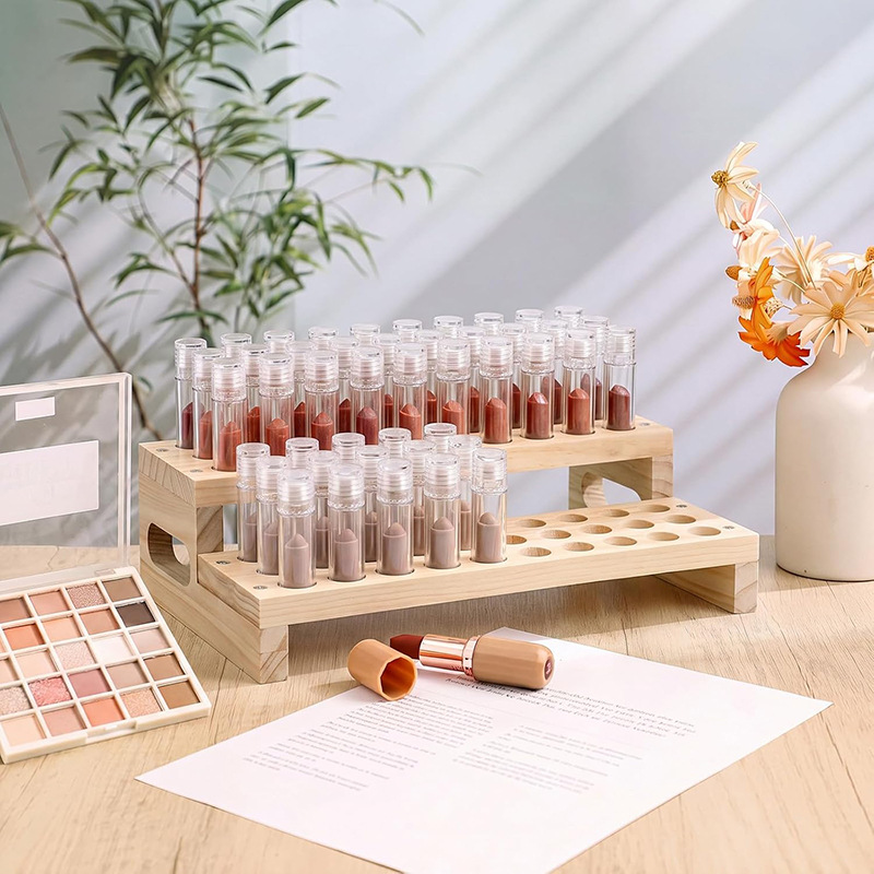 Wooden double-layer lipstick storage rack display stand desktop cosmetics organizer desktop lipstick display wooden rack