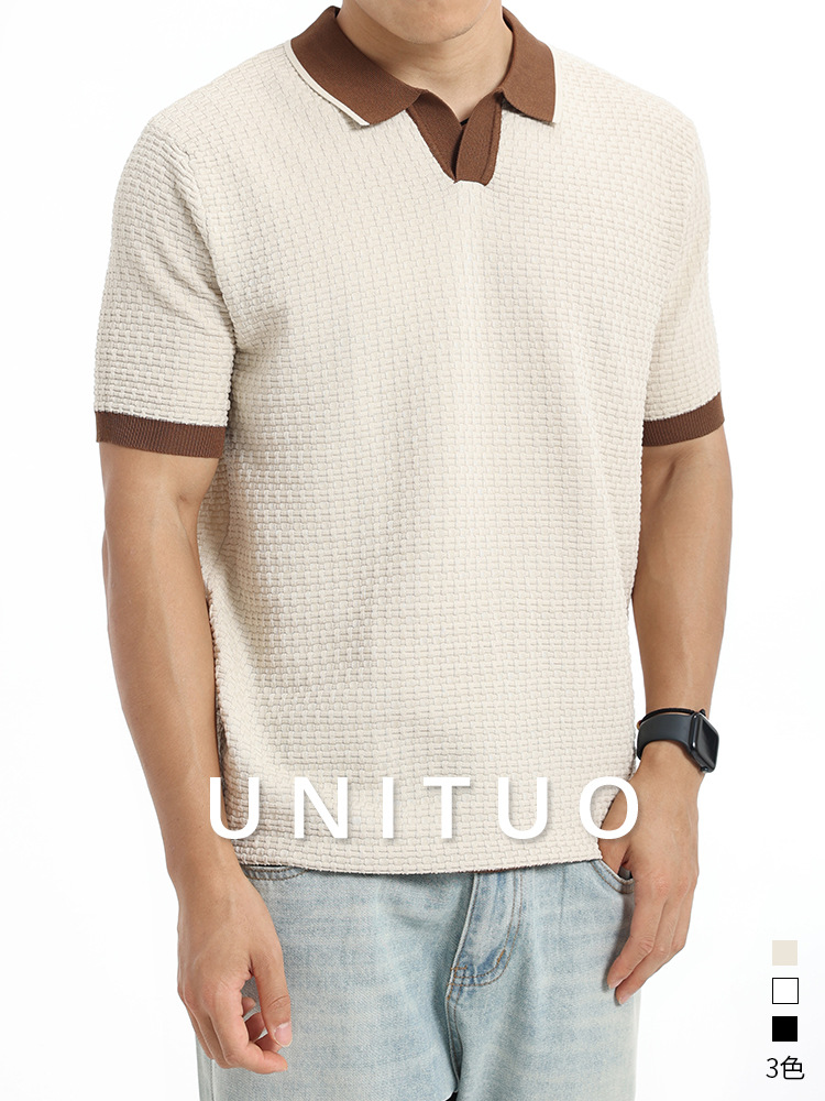Hombres de alto nivel de seda de hielo gaviota cuello polo camiseta de manga corta hombre cuello en V contraste waffle jersey de negocios camiseta casual