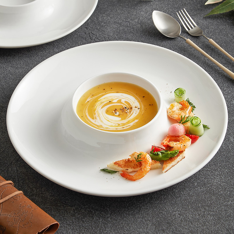 Pure White Large Western-Style Ufo Plate Straw Hat Shallow Plate Ceramic Pasta Plate Pasta Plate Restaurant Tableware Commercial