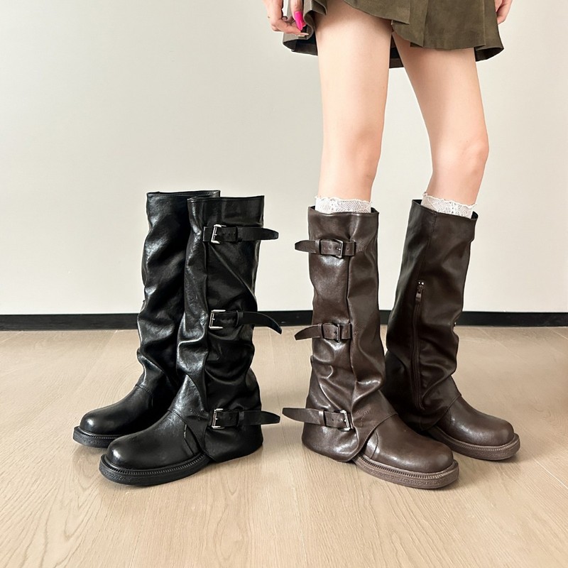 辣妹复古皮带扣褶皱2025秋季新款长筒靴女厚底堆堆裤管靴骑士靴|undefined