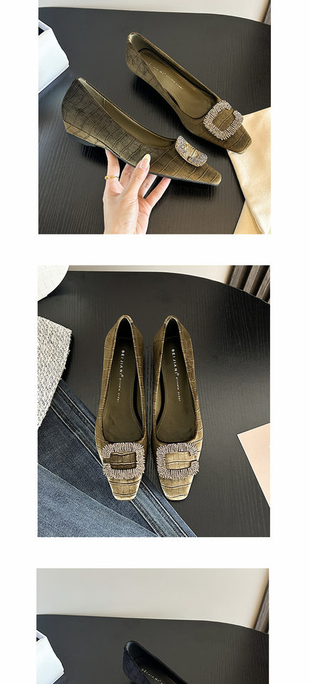Giày Mary Jane nữ mũi vuông đế xuồng gót thấp, khóa chữ C đính đá, phong cách retro — Vàng cổ, Xanh đậm, màu đen chi tiết 11