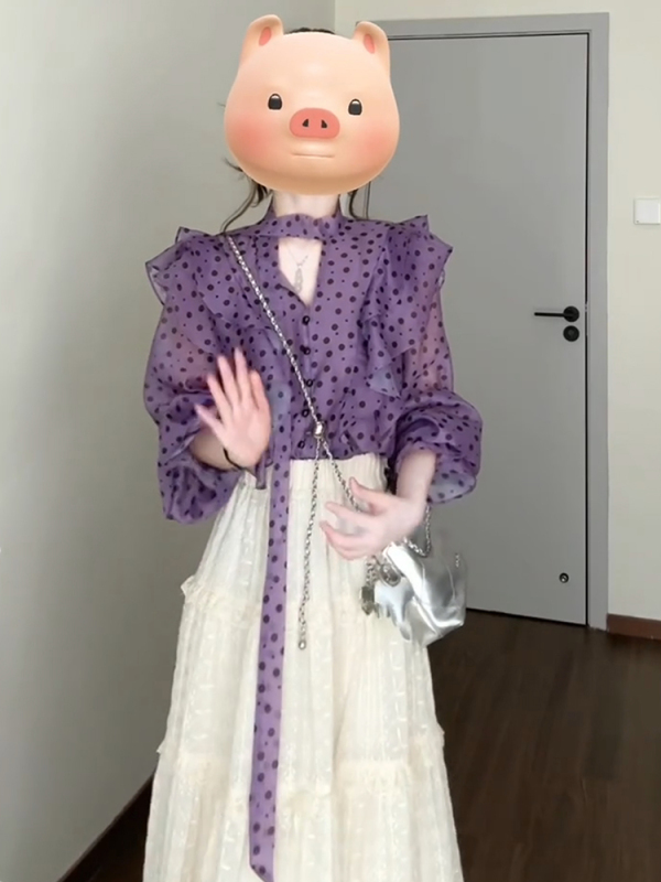 紫色荷叶边长袖雪纺衬衫女2025秋季新款高级感泡泡袖法式波点上衣|undefined