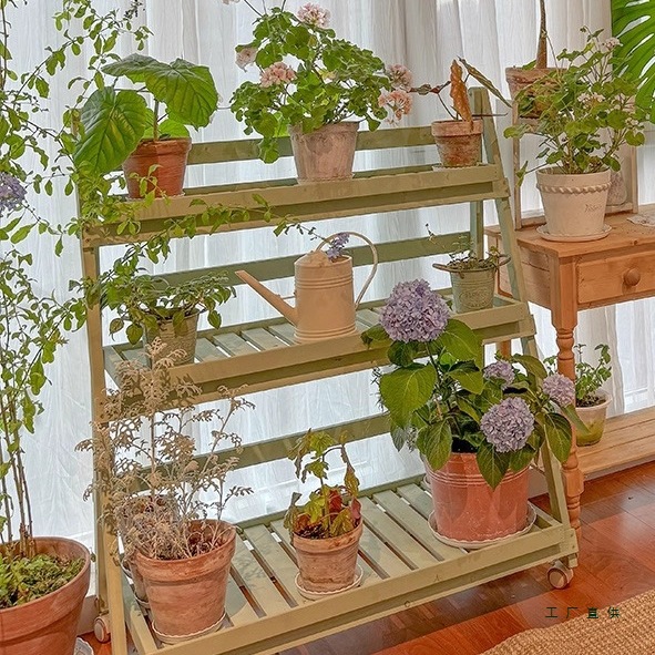 绿植置物架多肉花架子阳台多层落地式实木植物摆放架移动花架带轮