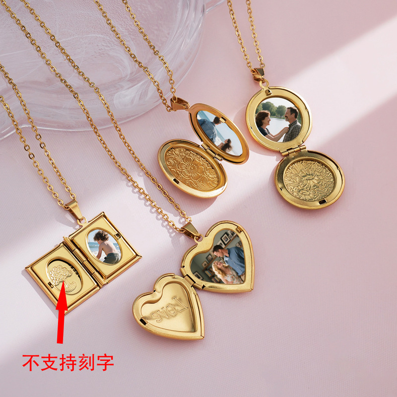 Cross-Border European and American Popular Mother's Day Retro Photo Box Keychain Pendant DIY Family Photo Stainless Steel Necklace for Women