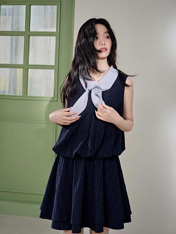阔系藏蓝色无袖背心裙绑带连衣裙2025夏季小众设计感新款女短裙子|undefined