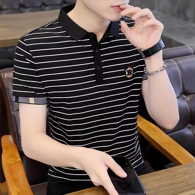 Summer 2026 New Men's Short-Sleeved Polo Shirt Korean Style Trendy Stylish Versatile Slim-Fit Striped Half-Sleeve Top