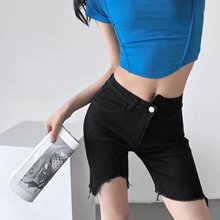 新款高低腰弹力牛仔五分裤女紧身蜜桃臀骑行裤高腰牛仔中裤马裤女