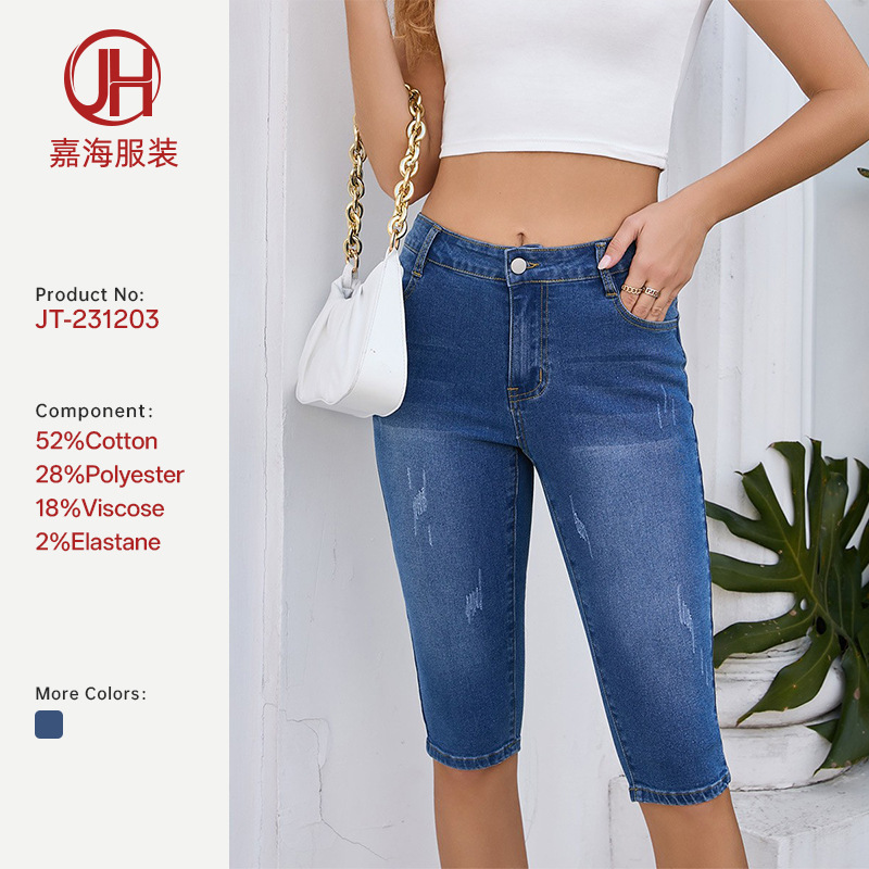 Clearance Sale Spring New Style Foreign Trade European and American Style Women's Jeans Versatile Simple Cat Scratch Pattern Cropped Jeans