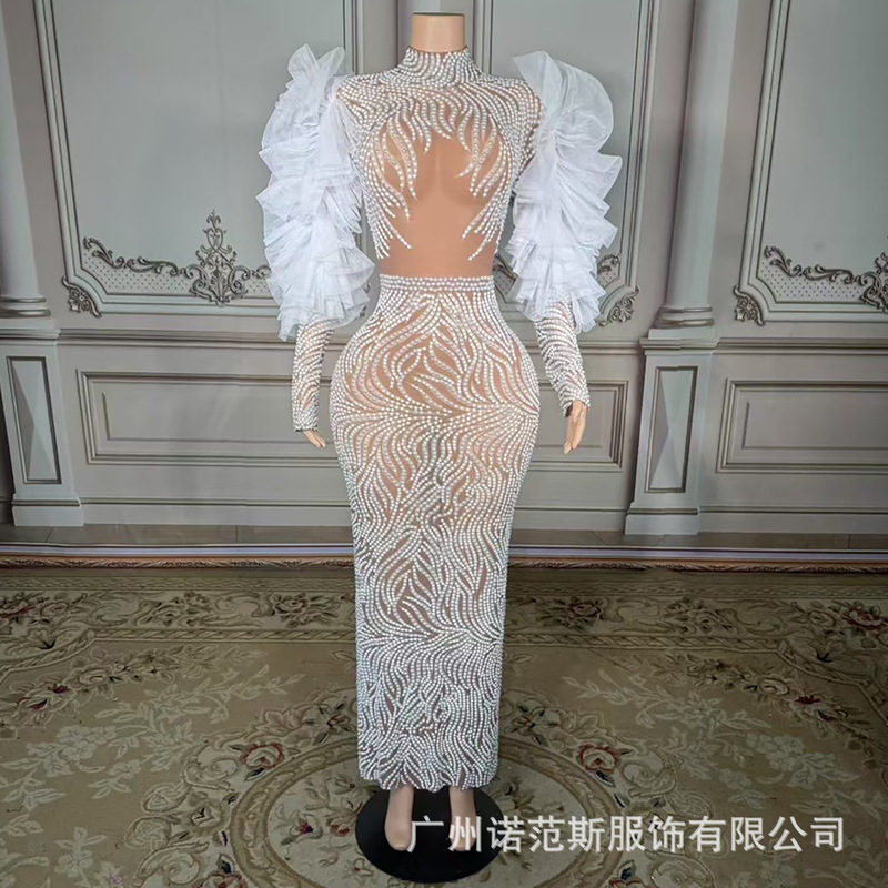 Elegant, Fashionable and Luxurious Striped Sexy See-Through Mesh Slit Long Skirt Hosting Catwalk Cocktail Party Evening Dress