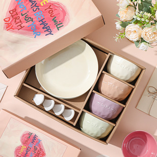 Cream Style Ceramic Tableware Bowls, Plates and Spoons Set for Home Wholesale Wedding Housewarming New Home Opening Event Gifts