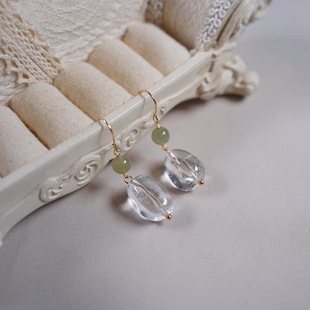 Ice Sweet Genie Natural White Crystal Ear Hook South Red Agate Earrings Hetian Jade Vintage Artistic Earrings Japanese and Korean Style