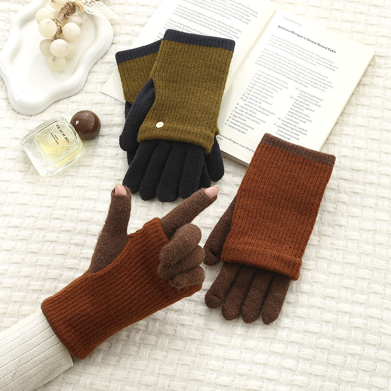 Melard color-blocked winter dual-purpose knitted gloves for women, made of wool yarn, fingerless design, touchscreen compatible, suitable for cycling and providing warmth Melard color-blocked winter dual-purpose knitted gloves for women, made of wool yarn, fingerless design, touchscreen compatible, suitable for cycling and providing warmth