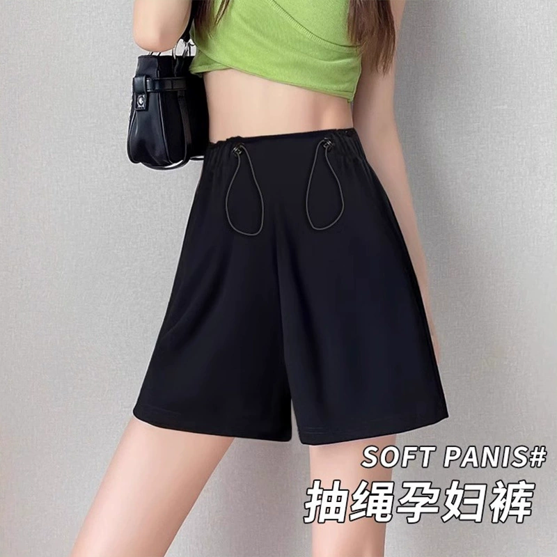 Беременные эластичные шорты летом тонкий модный с высокой талией для живота повседневная широкая нога брюки брюки летние черные