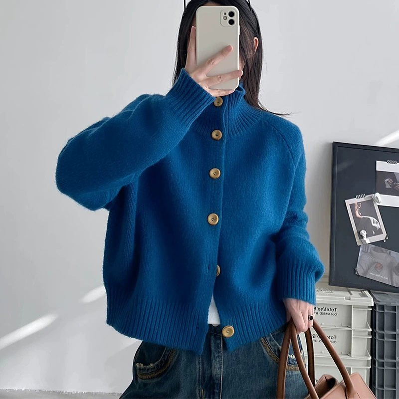 Корейский Кляйн синий свитер с высоким воротником куртка женская осень-зима ленивый стиль высокой моды трикотажный кардиган топ
