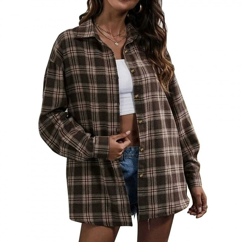 Source Factory In-Stock European and American Cross-Border Amazon Plaid Long-Sleeve Loose Shirt Casual Women's New Shirt Top