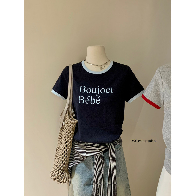 セナ [WGWE] 年齢軽減ラウンドネックコントラストプリント半袖Tシャツレディース夏人気万能ショートトップス|undefined