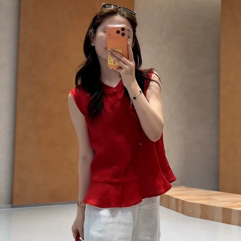 New Chinese-Style Sleeveless Stand-Collar Shirt for Women, 2026 Summer New Fashion, Stylish Ruffled Irregular Buttoned Elegant Top