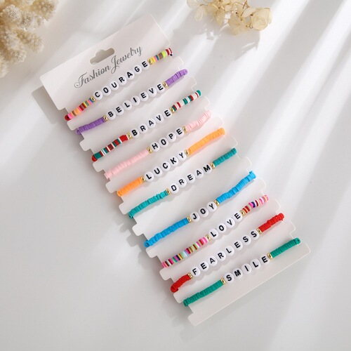 New Cross-border Colorful Soft Clay Alphabet Bead Bracelet Set with Gold-plated Separating Beads, Hand-woven Elastic Accessory for Wholesale