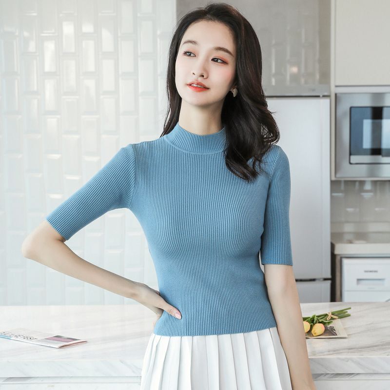 Half Turtleneck Thin Knitted Knitwear Women's Half-Sleeved 2025 Summer New Slim Fit Short Style Inner Bottoming Top Half Turtleneck Thin Knitted Knitwear Women's Half-Sleeved 2025 Summer New Slim Fit Short Style Inner Bottoming Top