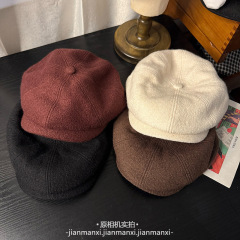 韩国绵羊毛前进帽子女秋冬鸭舌帽明星同款贝雷帽美拉德色系鸭舌帽