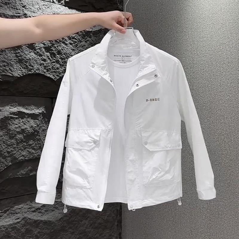 White Men's Stand Collar Sun Protection Summer Casual Jacket Korean Version Versatile Trendy Breathable Solid Color Jacket Simple Short Style