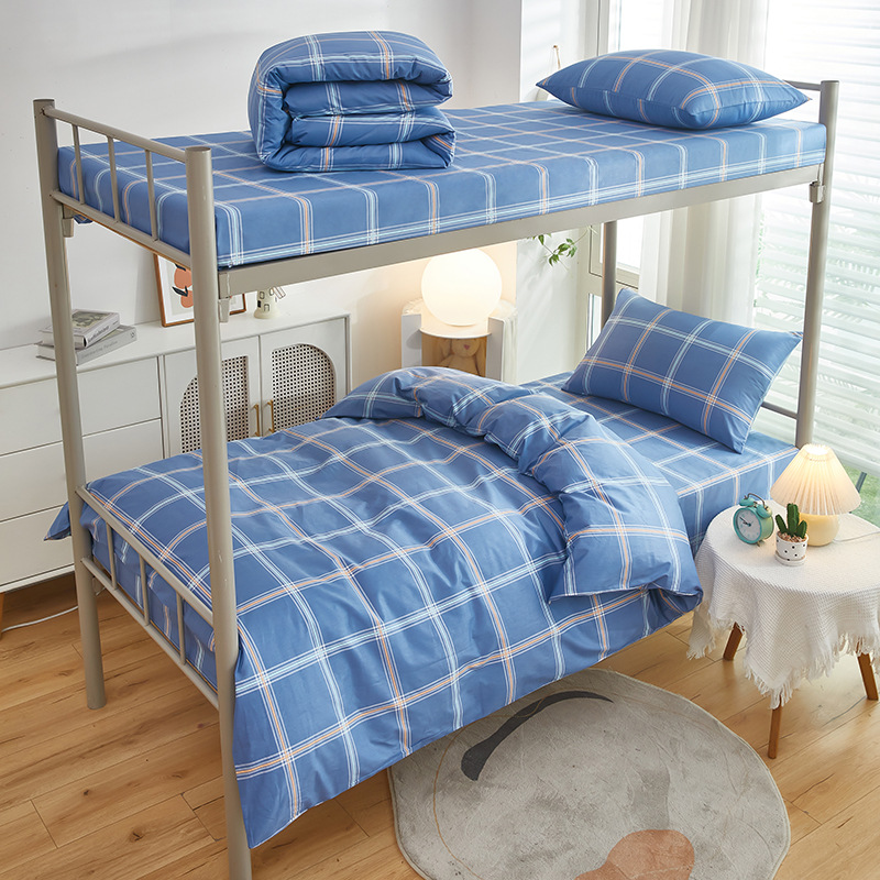 Cotton Student Dormitory Three-Piece Set for Bunk Beds, Including Sheets, Duvet Cover, and Pillowcase, Single School Plaid Striped Bedding