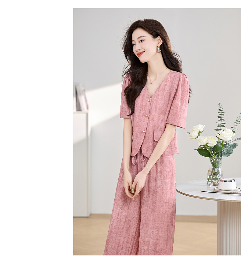 Bộ đồ công sở nữ mùa hè áo vest nhỏ phối quần ống rộng hai mảnh HE9837 — Màu hồng, Màu Kaki chi tiết 21
