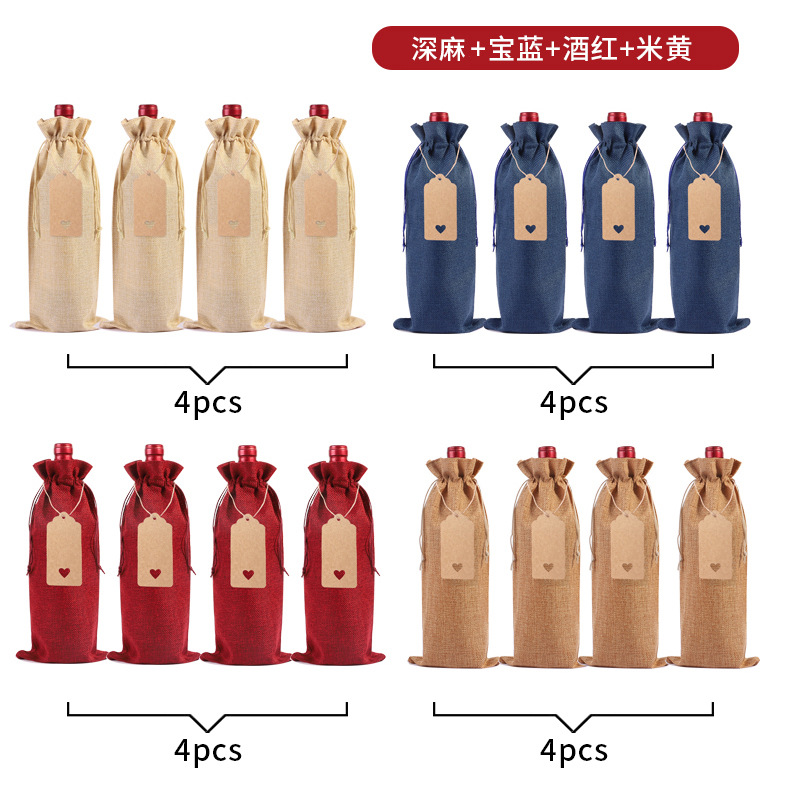 Suministro directo de fábrica bolsa de botella de vino de lino traje ciego degustación de vino botella cubierta de lino etiqueta bolsa de embalaje de vino tinto en stock al por mayor