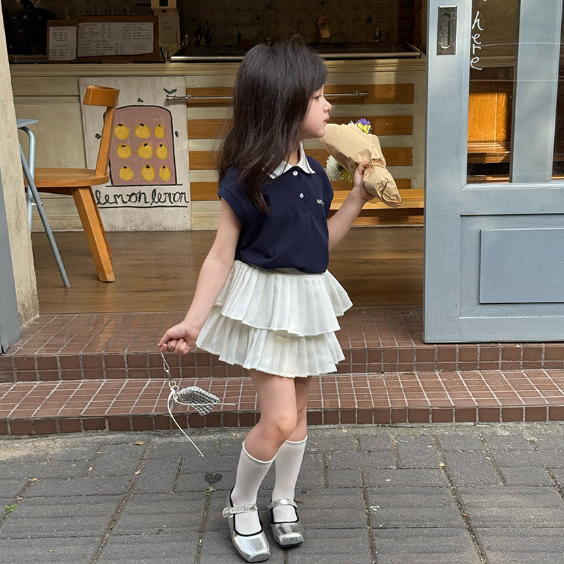 艾摩贝贝儿童学院风休闲无袖polo衫上衣女童宝宝撞色小翻领背心